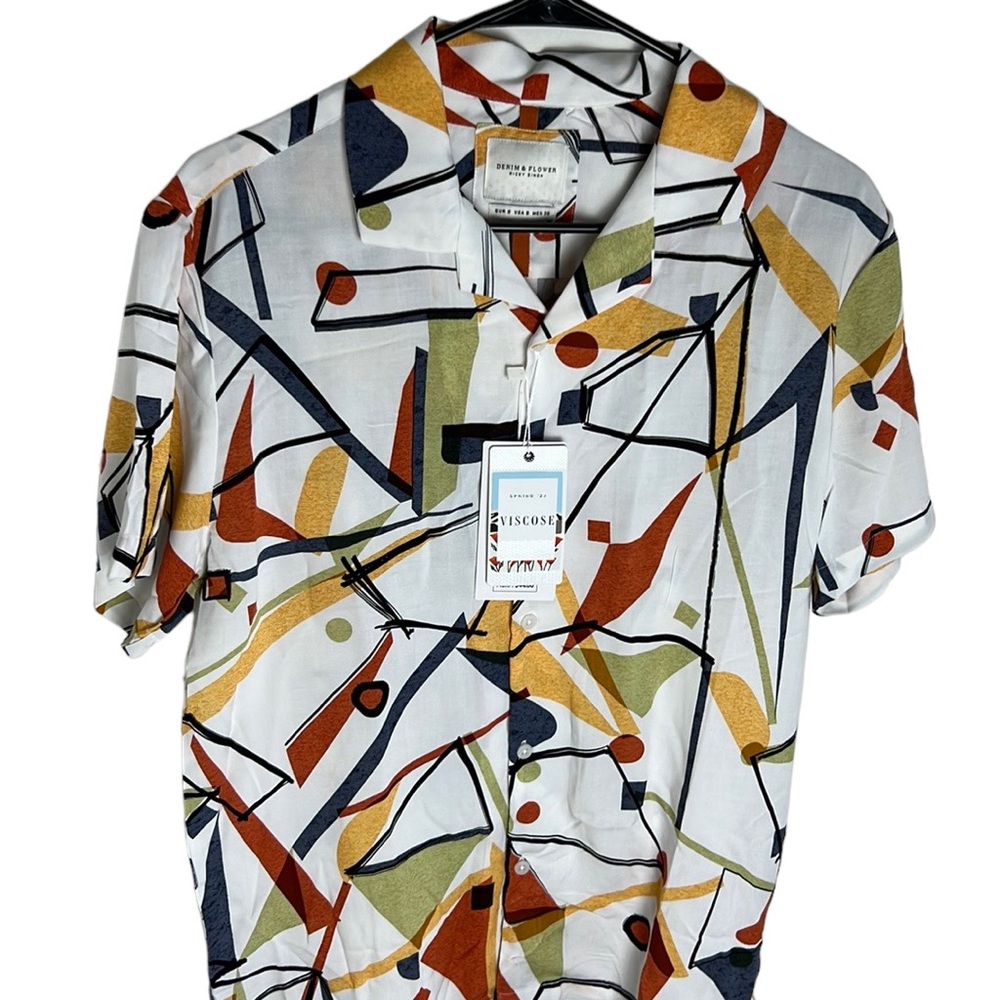 Denim & Flower White Geometric Abstract Pattern Viscose Button Up Men’s Size S